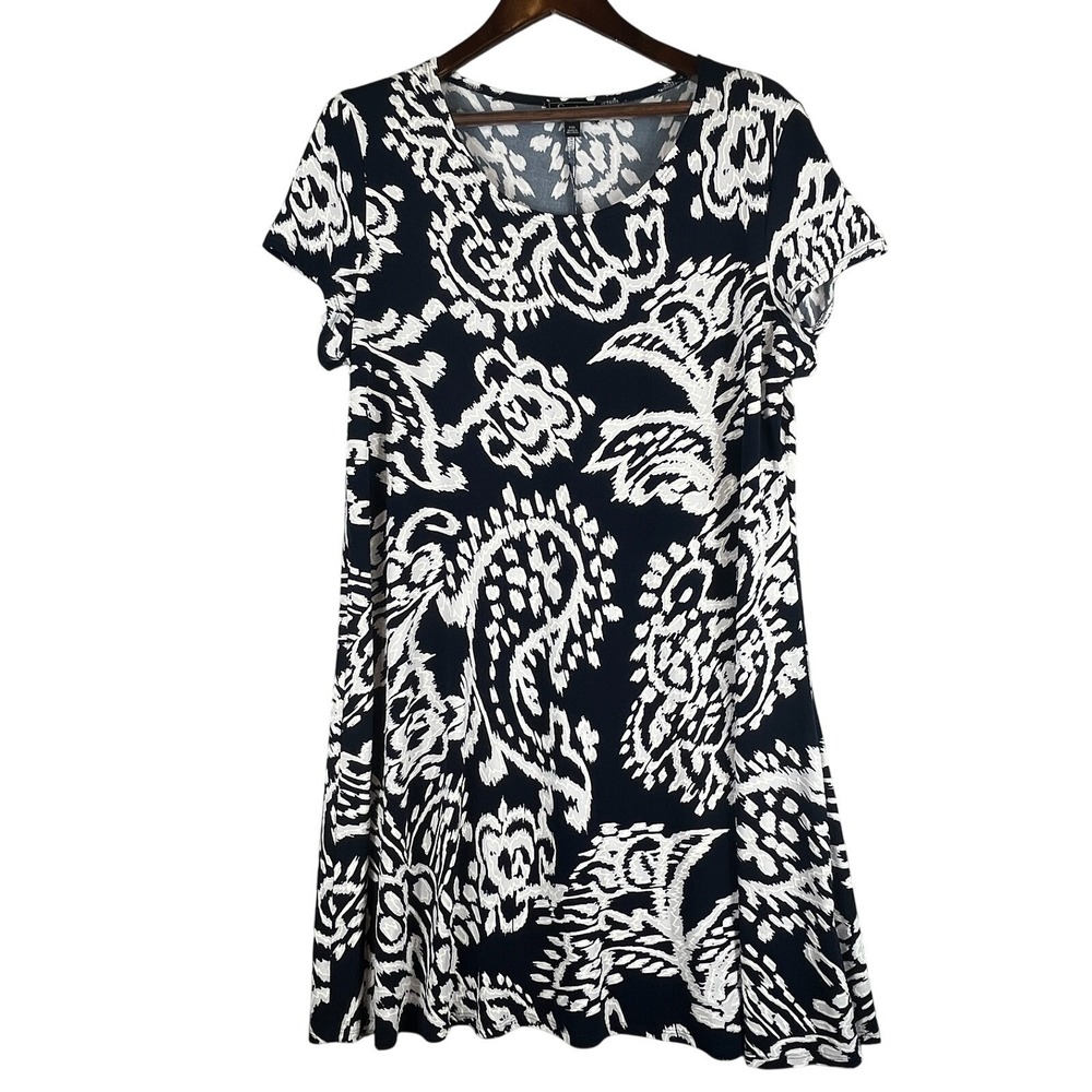 Womens XXL Swing Dress Navy White Paisley Stretch Knee Length Career Travel